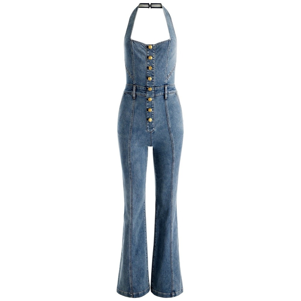 $550 NWT Alice+Olivia Gorgeous Pennie Denim Bootleg Halter Jumpsuit - Picture 5 of 16